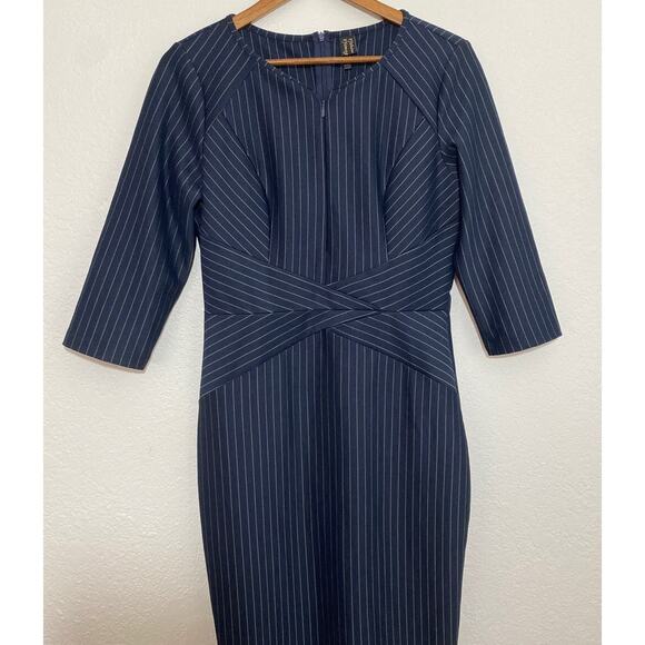 NWT Vfshow Vfemage Size M Navy Striped Sheath Dress Front Zip Dark Academia - Picture 2 of 7